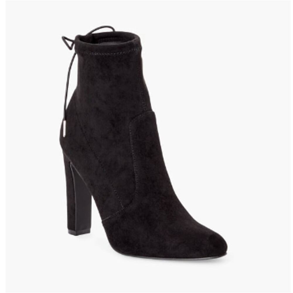 New JustFab Jesyna Ankle Boot Black Stretch Bootie High Heel Faux Suede Size 9